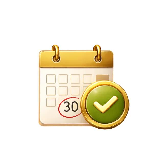 Calendar icon with a green check mark on a white background