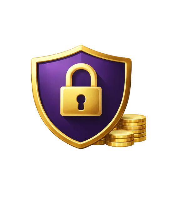 Purple shield with a gold lock and stack of gold coins on a white background