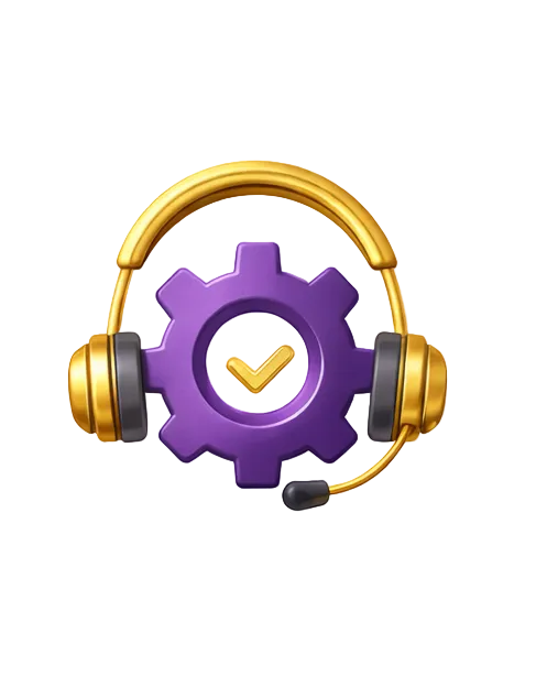 Gold headset with a purple gear and yellow checkmark on a white background