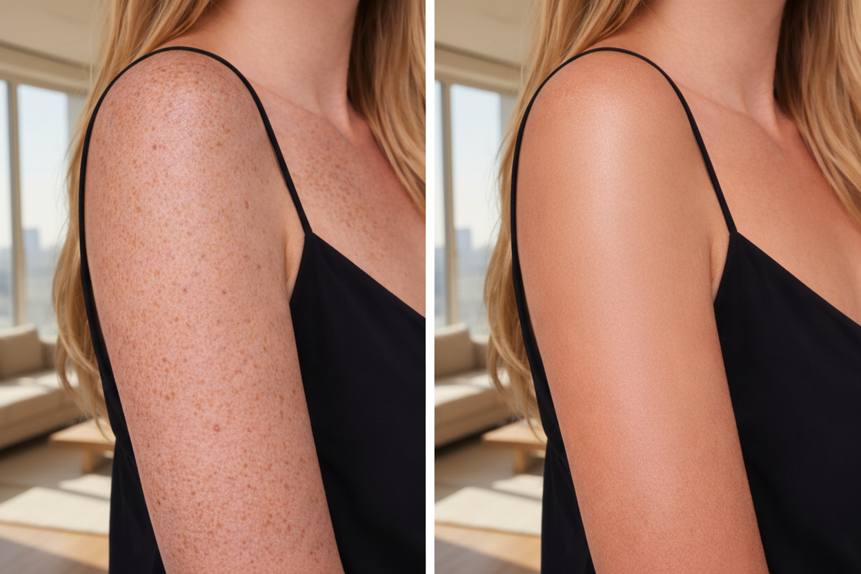Side-by-side comparison of a person wearing a black top with visible skin texture.